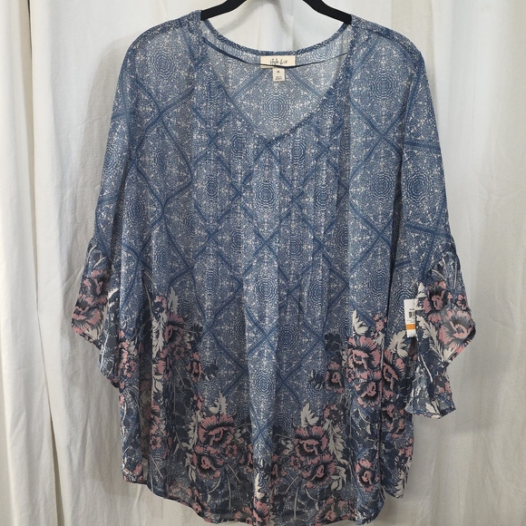 0x 1x 2x 3x Style Co Georgette Pintuck Pink Blue Bell Sleeve Boho Babydoll Top - Picture 5 of 9